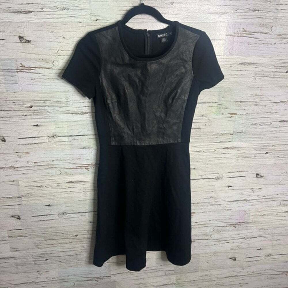 DKNY black dress tee shirt faux leather size 2